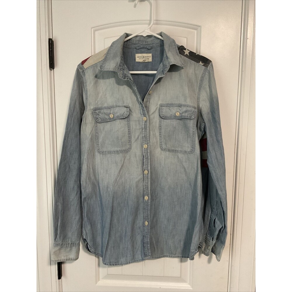 Denim‎ & Supply Ralph Lauren Women Denim Button-Down Shirt M Flag Patriotic - Picture 3 of 5